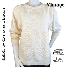 Vintage S.S.G. Catharine Lover Lambswool Angora Cream Embroidered Sweater Medium