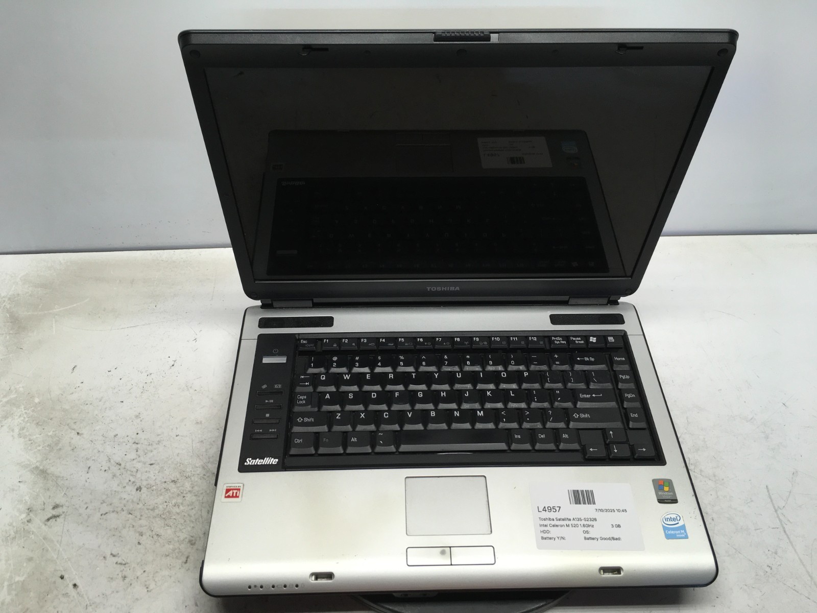 Toshiba Satellite A135-S2326 Intel Celeron M 520 1.6GHz 3 GB NO HDD *Dim Screen*