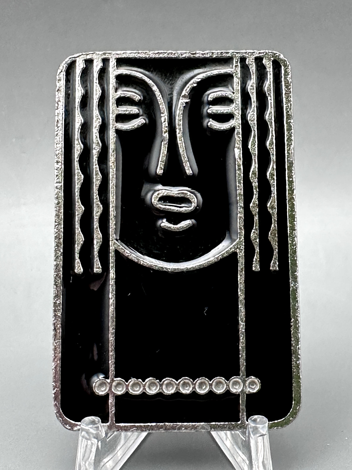 1970's CHARLES OF THE RITZ BLACK ENAMEL & PEWTER PIN - A758