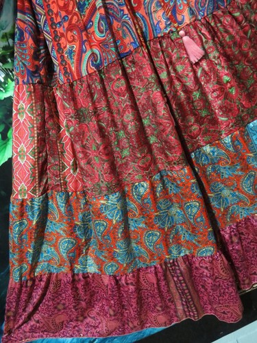 BOHO 100% SILK KIMONO SLEEVE PATCHWORK RUFFLED LONG DRESS REG 14 - 20 - Picture 5 of 6