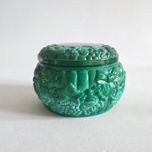 Art Deco Jewelry Glass Box Malachite Green Czech Glass Candy Box Flowers Style