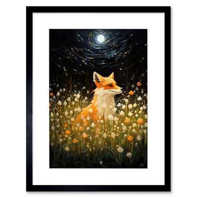 Watching the Fireflies Dance Happy Fox Wildflower Meadow Framed Art Picture 9X7''