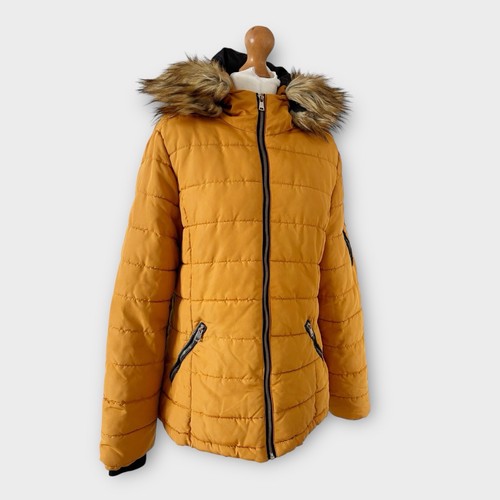 Chaqueta Papaya Matalan Talla 14 Amarillo Mostaza Imitación Piel Capucha Puffer Acolchada LEER - Imagen 6 de 12