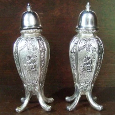Antique Dutch Scene Salt & Pepper Shakers Pat Aug 23 1923 Footed Silver #2313