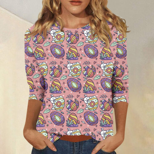 Women's Fashion Casual Seven Sleeve Easter Bunny Egg Print Round Neck Top - Picture 16 of 30