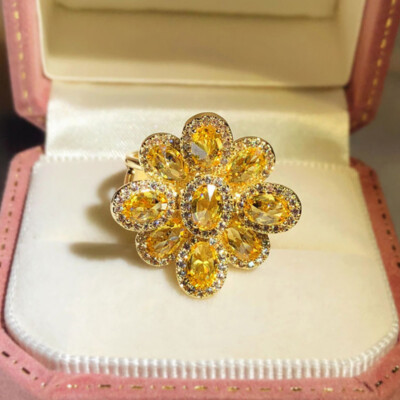 New Adjustable Size Flower Design Yellow Citrine Gems Charm Women Gold Rings