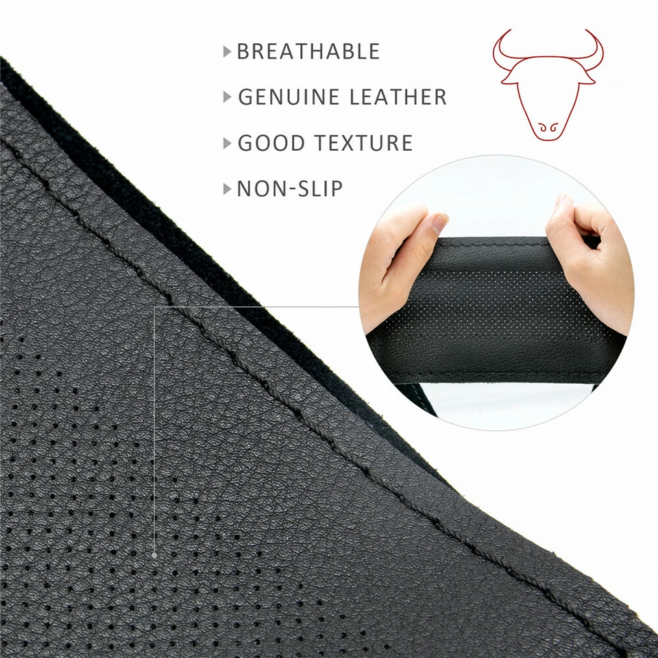 Cubierta de volante de coche de cuero genuino hágalo usted mismo de 15" rosca de aguja antideslizante negra Foto 3 de 4