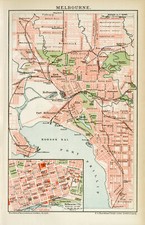 Melbourne Hobson Bay Australien historischer Stadtplan Lithographie ca. 1892