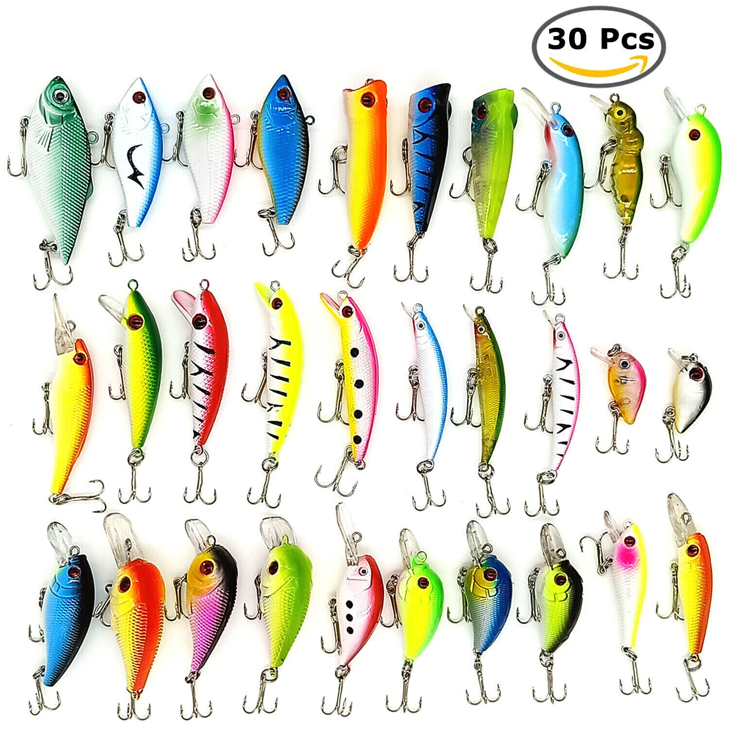 30PCS Kinds of Fishing Lures Crankbaits Hooks Minnow Baits Bass Tackle  Crank Set - Lacadives