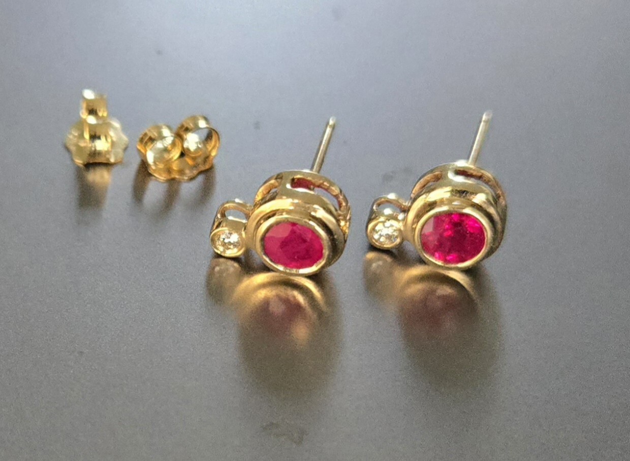 Solid 14K Yellow Gold Genuine Ruby Diamond Stud E… - image 4