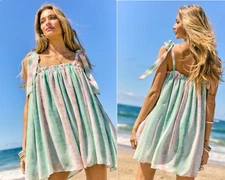 Davi & Dani Chiffon Overlay Dress Green Pink Flowy Ruched Neckline Tie Straps