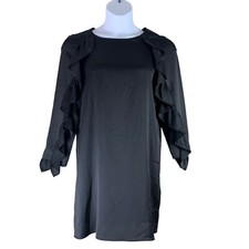 Zara Size Small Dress Ruffled Long Sleeves Black Shift Cut Short Knee Length