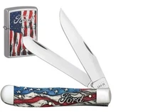 CASE XX KNIVES NATURAL BONE TRAPPER POCKET KNIFE ZIPPO LIGHTER  SET FORD #14331