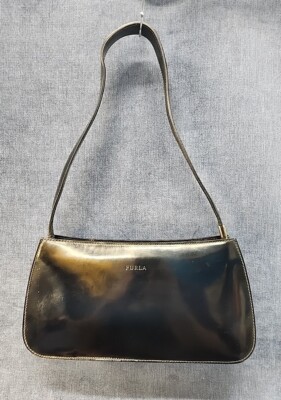 一点物　FURLA 70s vintage leather handbag Vintage FURLA Made In Italy Black Leather 3 Layers Handbag