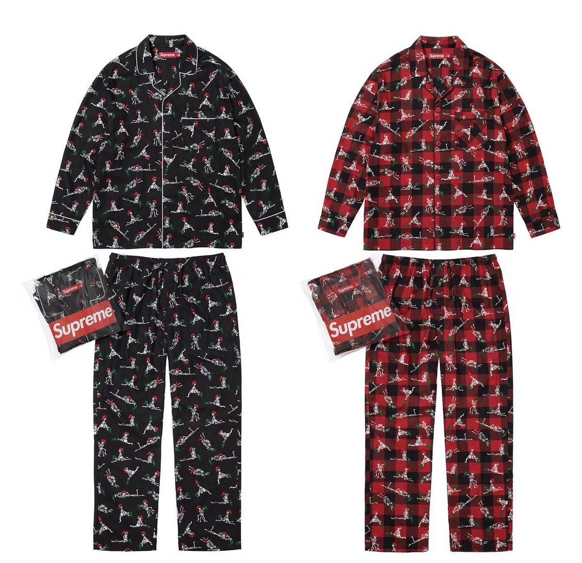 Supreme X Hanes Skeleton Holiday Pajamas Bundle Black & Plaid Red