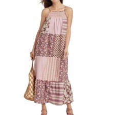 Universal Thread Patchwork Maxi Dress Pink Brown Floral Smocked Boho Small