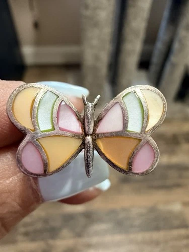 Vintage Butterfly pink, White &yellow Mother Of Pearl Inlay Sterling Silver 925