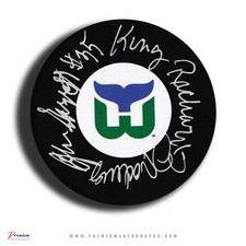 John Garrett & King Richard Brodeur Hartford Whalers Signed Puck
