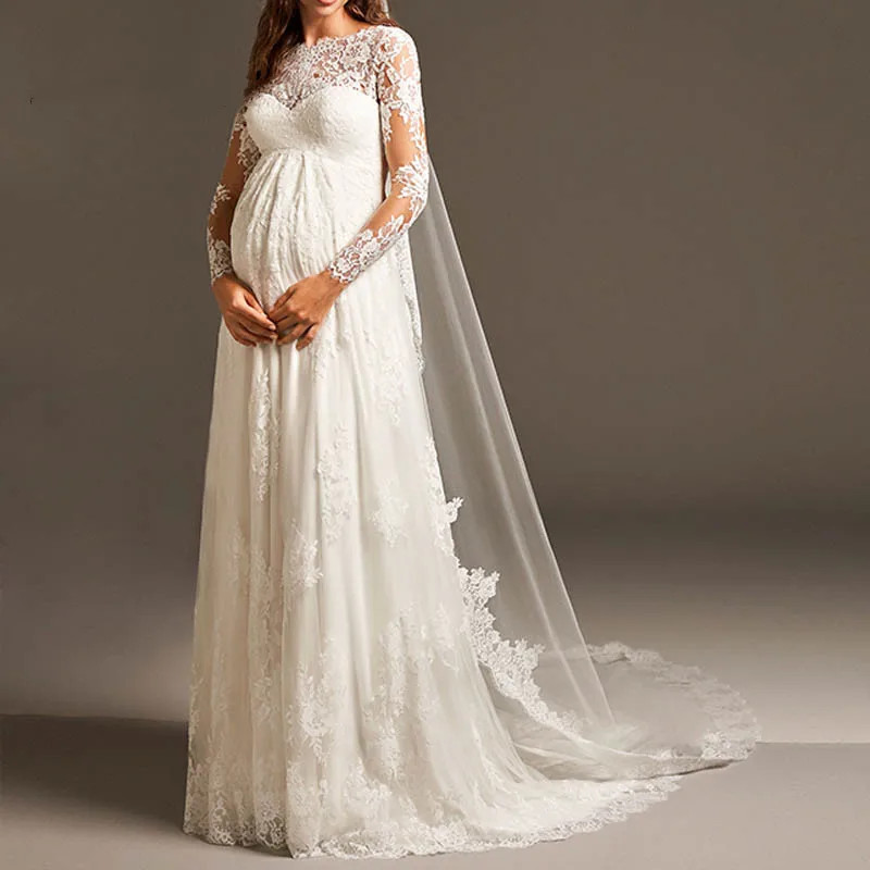 Elegant Empire Pregnant Wedding Dress Long Sleeve Maternity Lace Bridal Gowns