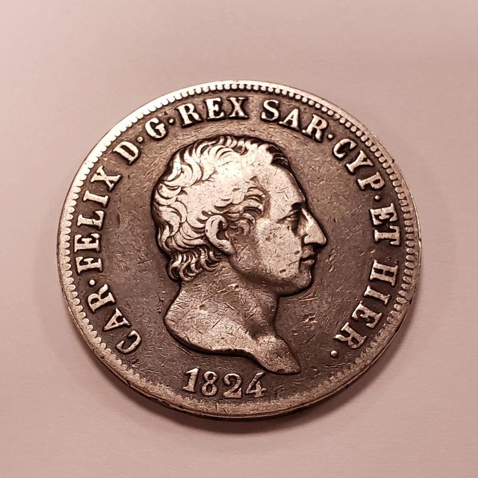 1824 Italian States Sardinia 5 Lire .7234 ASW - KM116.2 - SKU-Q2683 - Image 4 of 4