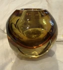 Vintage Murano Sommerso  Glass Votive Holder Faceted Ball Amber Yellow Brown