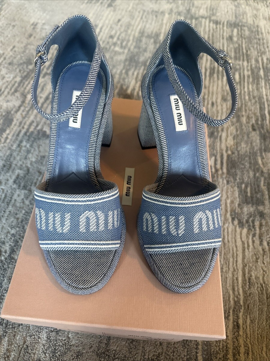 Miu Miu Logo Jacquard Denim Sandals Size 38 EU / 8 US $895