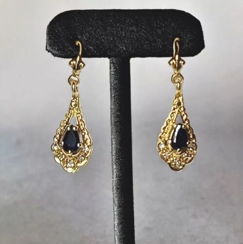 Real Diamond & Sapphire Stud Earrings- 9ct Solid Gold - 1 .36gr - 20mm drop