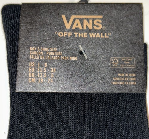 Vans Off The Wall Crew Socks 1 Pair Boys 1-6 Black w White Bat Wing & Logo Skate - Picture 3 of 11