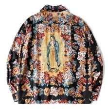 KAPITAL Silk rayon virgin Mary open collar shirt black new