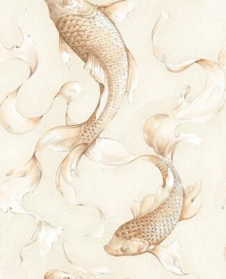 Wallpaper Designer Cream and Gold Koi Fish on Gray Cream Faux 56 SQ FT Bolt