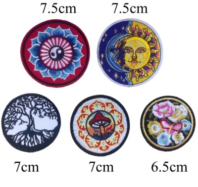 5 Aufnäher Restposten Lotusblume, Lebensbaum, Mond/Sonne Blumen Bügelmotiv