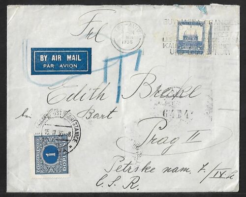 PALESTINE TO CZECHOSLOVAKIA AIR MAIL MIXED FRANKING ON DUE COVER 1936 - Picture 1 of 2