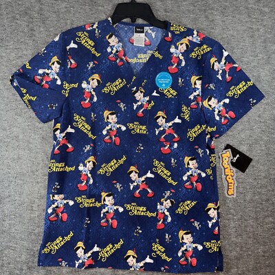 Pinocchio Cherokee Scrubs Disney Tooniforms Mens V Neck Top Sz Small NEW