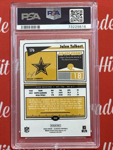 2022 Classics Jalen Tolbert RC Timeless Tributes Stars Black 1 of 1 PSA Mint 9 - Picture 2 of 3