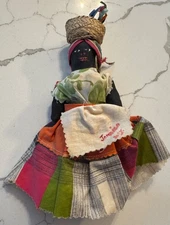 Vintage Handmade Cloth Doll Jamaican Woman with Hat Basket, Earring