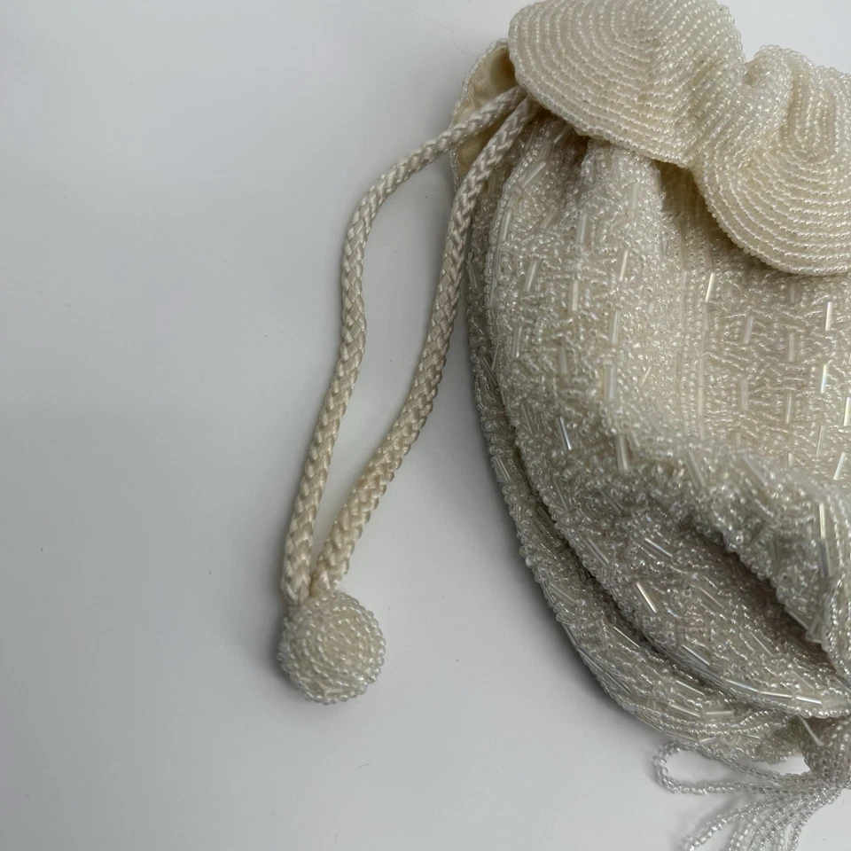 Fellini Carlo Fellini Vintage Beaded Flapper Pouch Bag Formal Ivory Drawstring - Image 2 of 4