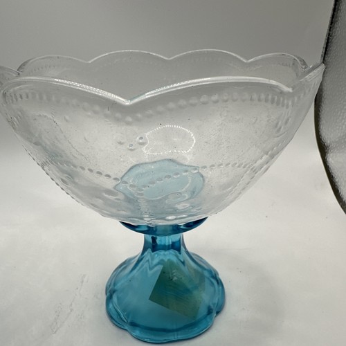 Vintage L.E. SMITH 2 Stelo Blu Vetro PERLINE SORBETTO PARFAIT PIATTI TAZZE DESSERT - Foto 3 di 11