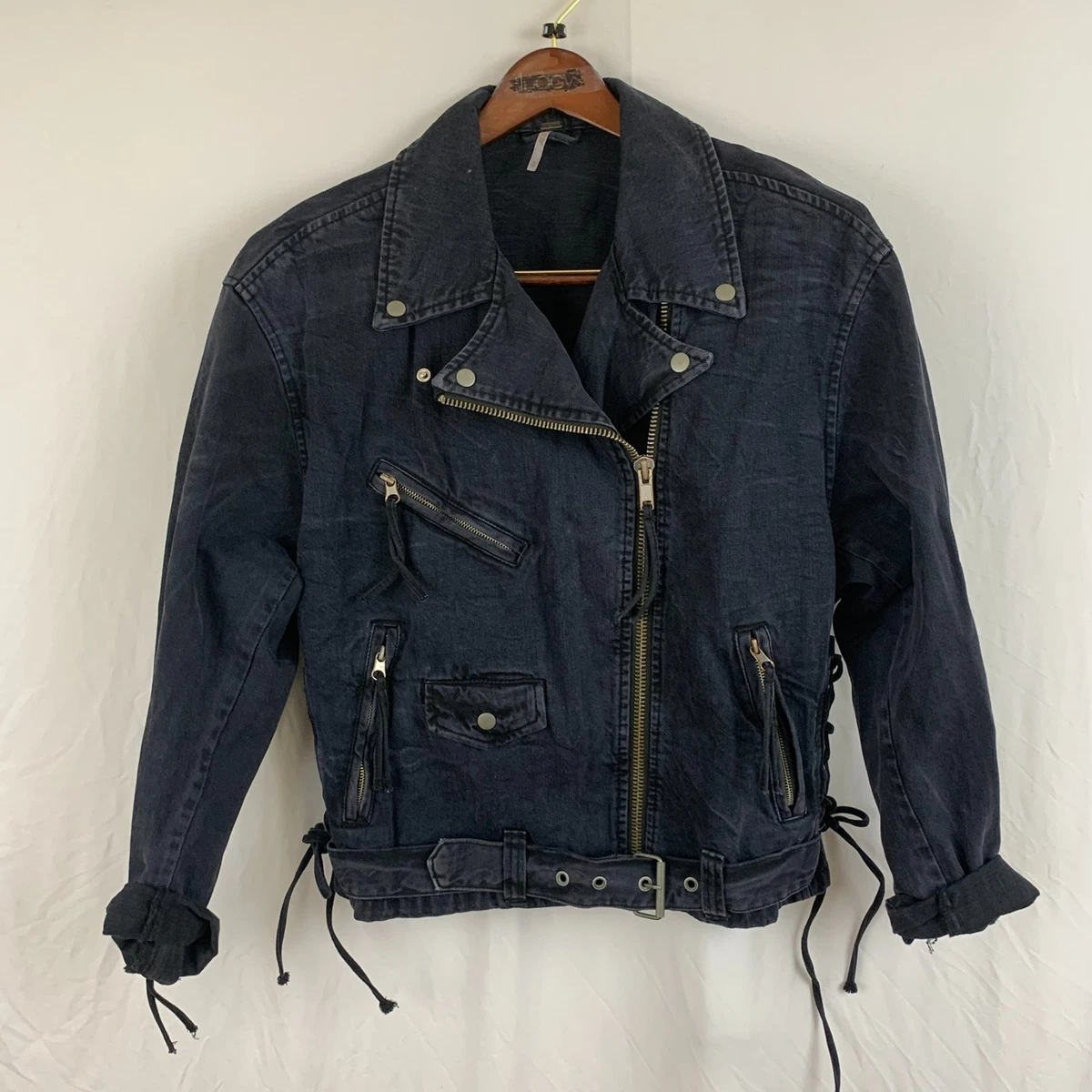 Petite Veste De Moto Femme Free People, Coton Enduit Noir, Taille 4, Style Boho