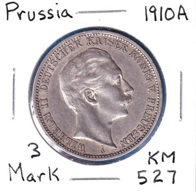 1910A Prussia 3 Marks (KM-527) .4823 ASW Silver!!! [Wilhelm II]