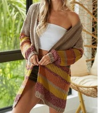 Mystree Womens Large Oversized Cardigan Sweater Striped FLAWED