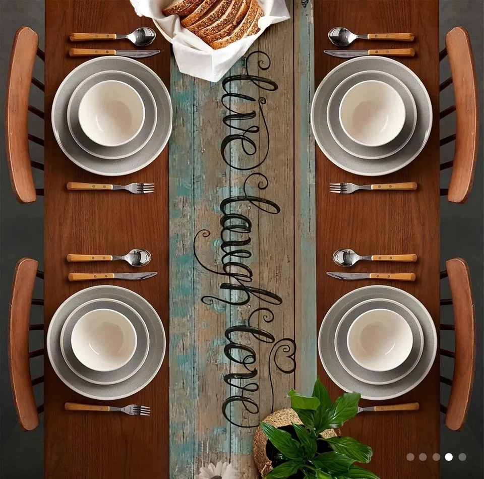 Rustic Daisy & Sunflower Linen Table Runner "Live Laugh Love" Wood Board Design - Image 3 of 4