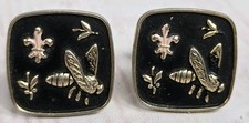 Vintage Fleur de Lis  Bee Black Enamel Goldtone Cuff Links - Square Unbranded