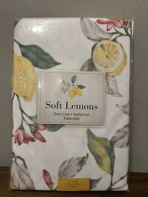 Benson Mills Soft Lemons Easy Care Tablecloth Fabric Yellow White 60 x 104 NEW