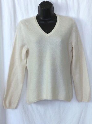 ONLY MINE PETITE Ivory Cashmere VNck Swtr 35 In Chst 22.5 In Lng Sz PL EXC