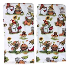 Set of 2 HARVEST GNOME Autumn Toss Terry Kitchen Towels by Kay Dee Designs