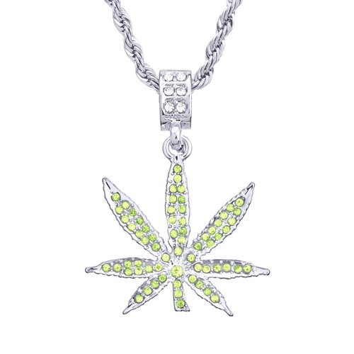 Men's Leaf Weed Marijuana CZ Pendant 24" Rope Chain Necklace HC 1064 - Picture 3 of 6