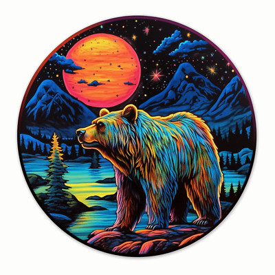 Grizzly Bear Patch Iron-on Applique Mountains Forest, Nature Scene, Moon & Stars