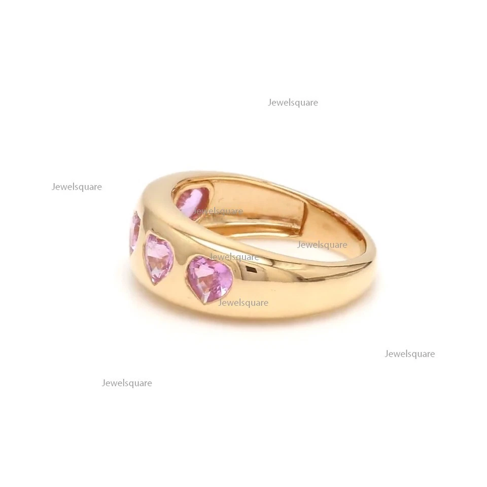 Anillo banda gruesa de piedras preciosas de zafiro rosa corte corazón oro amarillo de 14 k joyería hecha a mano Foto 4 de 4