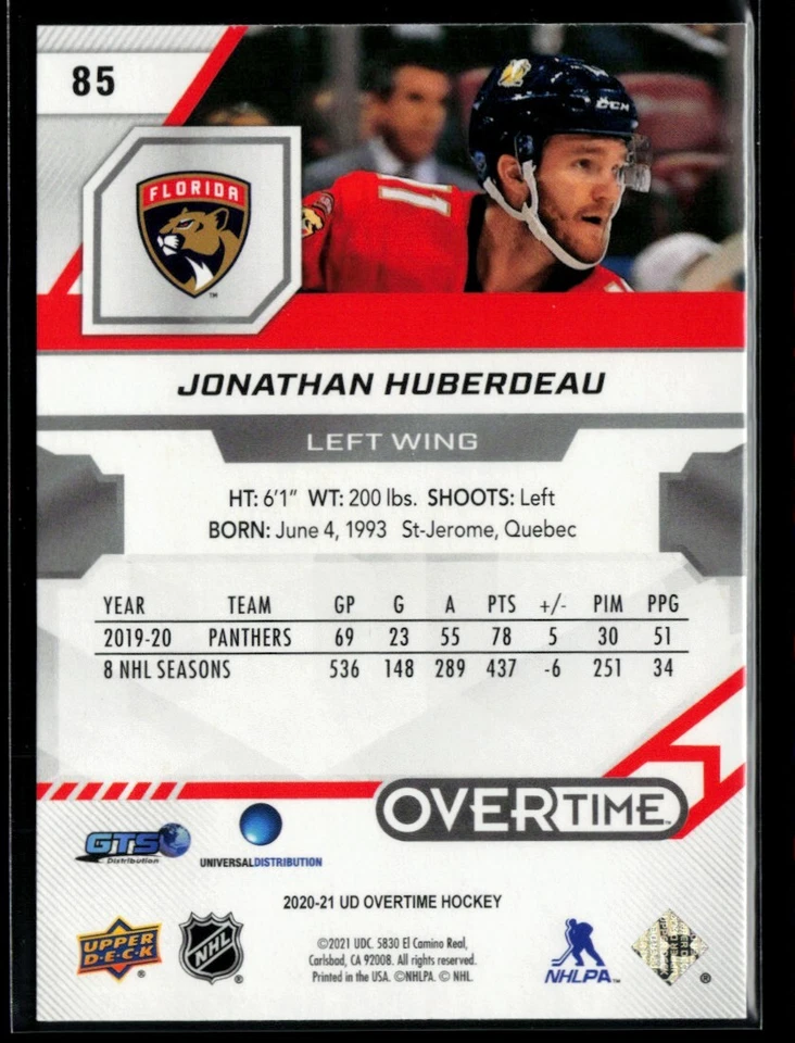2020-21 Upper Deck Overtime Blue #85 Jonathan Huberdeau - Image 2 of 2