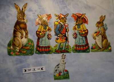 OF-A420 K: 6 alte Osterhasen, Glanzbilder Oblaten Scraps Prägedruck 3D